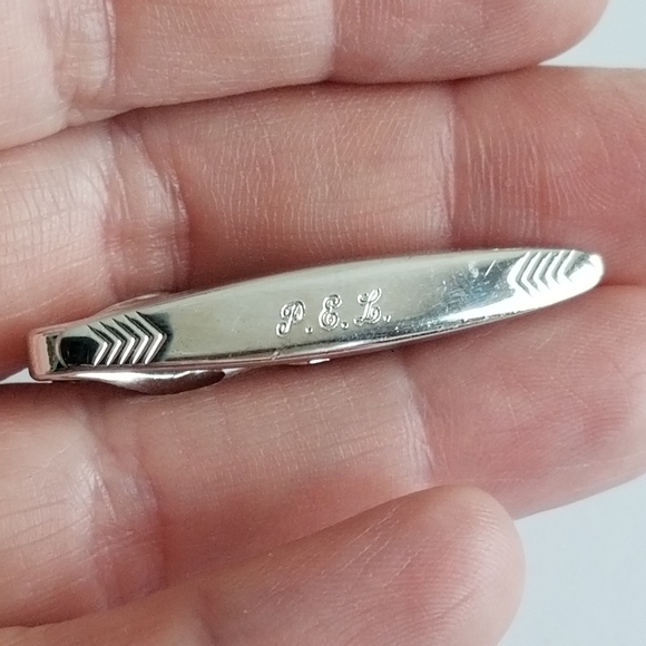 Vintage tie clip Swank engraved PEL monogram silver tone - Picture 6 of 10